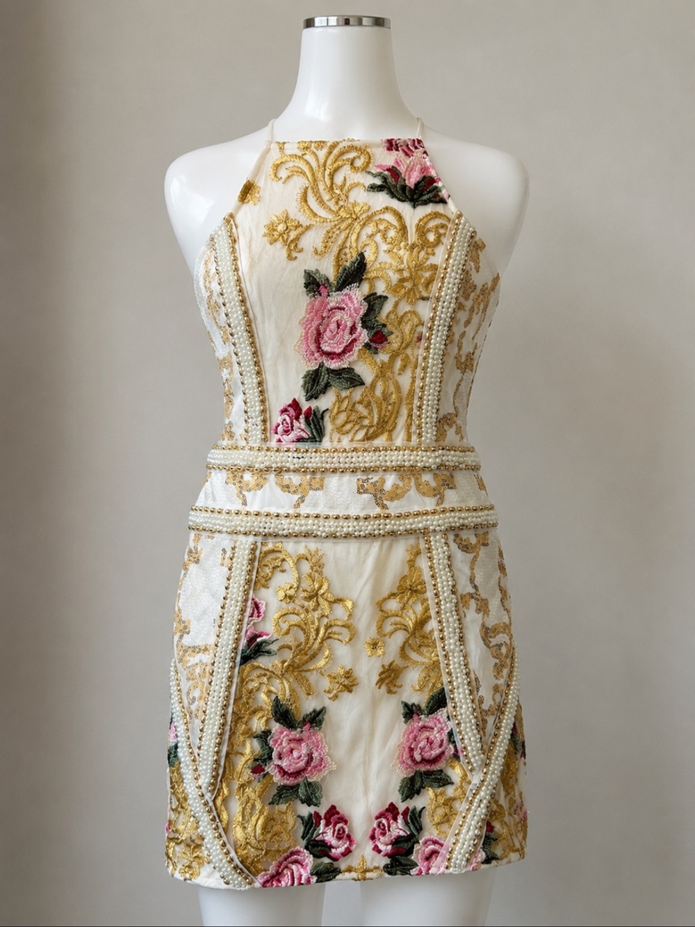 PrettyLittleThing White Dress with Gold Embroidery & Pink Floral Appliqué